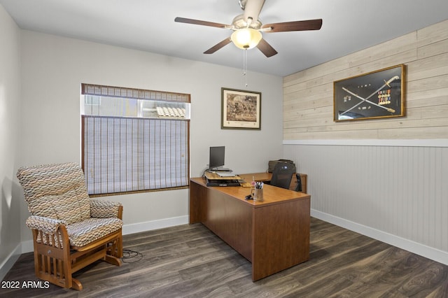 office space featuring dark hardwood / wood-style flooring and ceiling fan