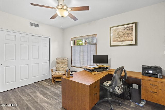 office area featuring ceiling fan and dark hardwood / wood-style floors