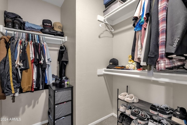 walk in closet with carpet floors