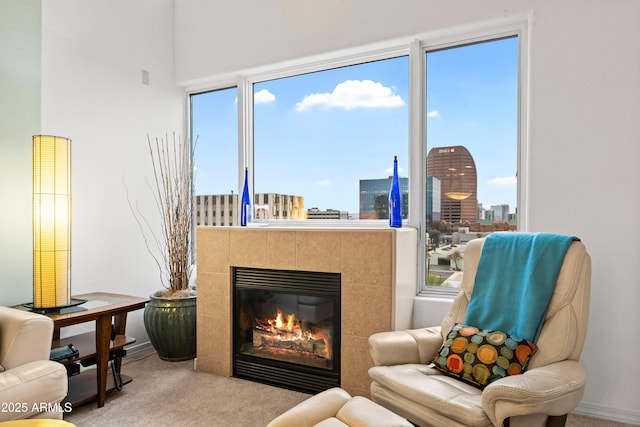 living area featuring a view of city, a tiled fireplace, and carpet