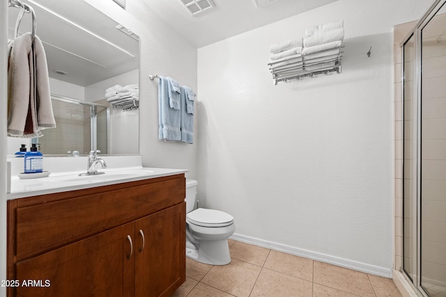 full bath with visible vents, toilet, a stall shower, vanity, and tile patterned flooring