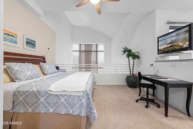 bedroom featuring vaulted ceiling, ceiling fan, carpet flooring, and baseboards