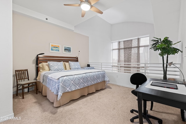 bedroom featuring vaulted ceiling, carpet floors, a ceiling fan, and baseboards