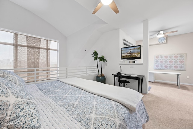 carpeted bedroom with a ceiling fan, lofted ceiling, and baseboards