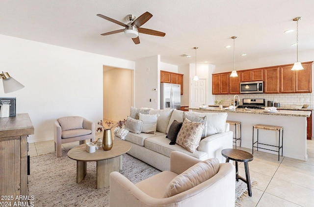 17532 W Copper Ridge Dr, Goodyear, AZ 85338 - living room featuring recessed lighting, a ceiling fan, and light tile patterned flooring