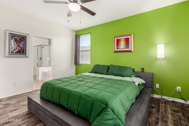 17532 W Copper Ridge Dr, Goodyear, AZ 85338 - bedroom with a ceiling fan, baseboards, wood finished floors, and ensuite bathroom