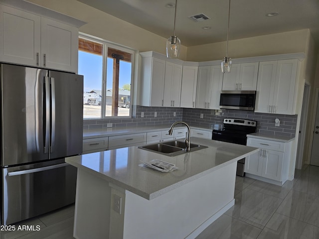 kitchen with visible vents, white cabinets, tasteful backsplash, a sink, and appliances with stainless steel finishes