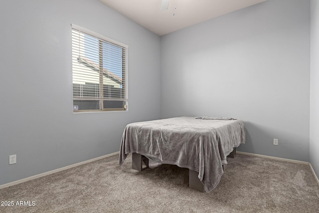 bedroom featuring ceiling fan and carpet