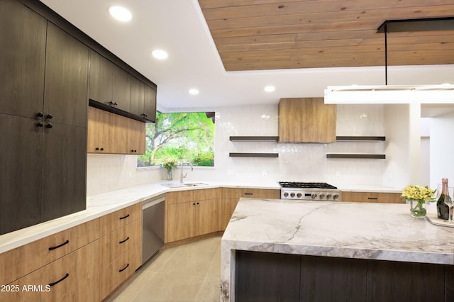1637 N Quartz Valley Rd, Scottsdale, AZ 85266 - kitchen with open shelves, stainless steel appliances, tasteful backsplash, wooden ceiling, and light tile patterned floors
