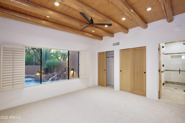1637 N Quartz Valley Rd, Scottsdale, AZ 85266 - unfurnished bedroom with a wooden ceiling with exposed beams, carpet floors, multiple closets, and recessed lighting