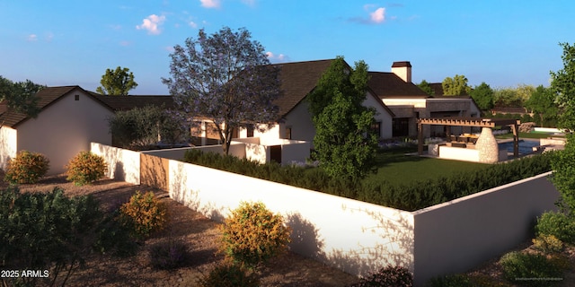 view of home's exterior featuring fence private yard, a patio area, a lawn, and stucco siding