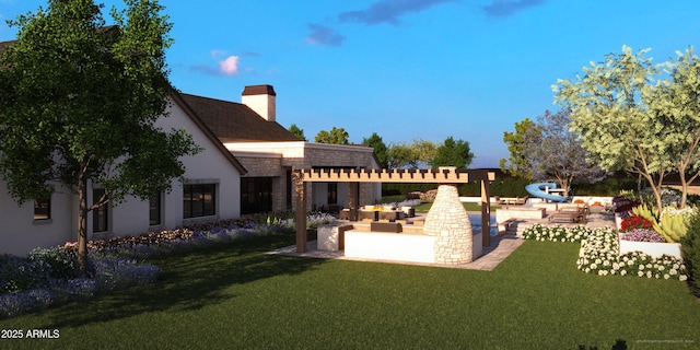 view of yard with an outdoor living space, a pergola, and a patio