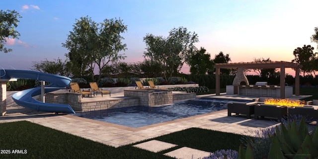 view of swimming pool featuring a patio, a fire pit, and an outdoor fireplace