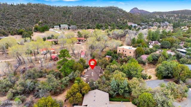 drone / aerial view featuring a mountain view