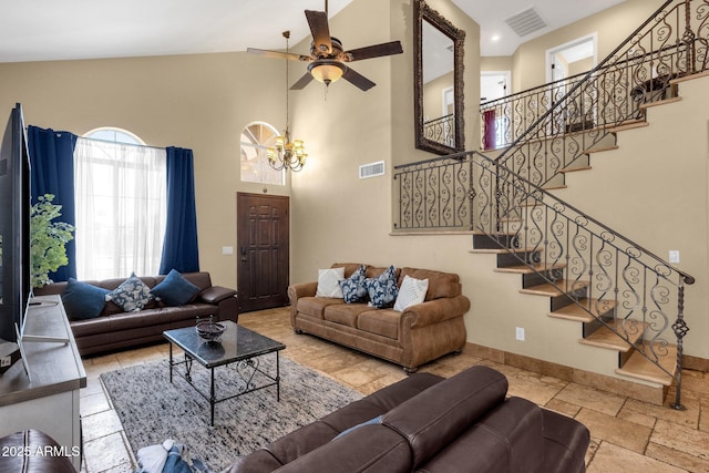 508 W San Angelo St, Gilbert, AZ 85233 - living room with healthy amount of natural light, high vaulted ceiling, ceiling fan, and baseboards