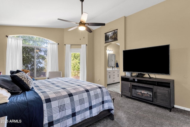 508 W San Angelo St, Gilbert, AZ 85233 - bedroom with carpet, a ceiling fan, and arched walkways