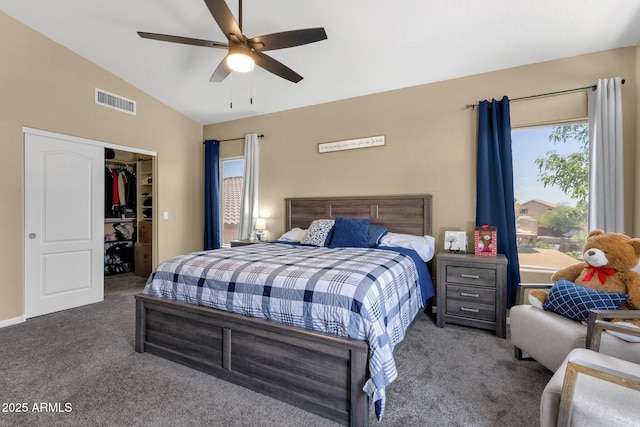 508 W San Angelo St, Gilbert, AZ 85233 - bedroom featuring carpet flooring, vaulted ceiling, a spacious closet, ceiling fan, and a closet