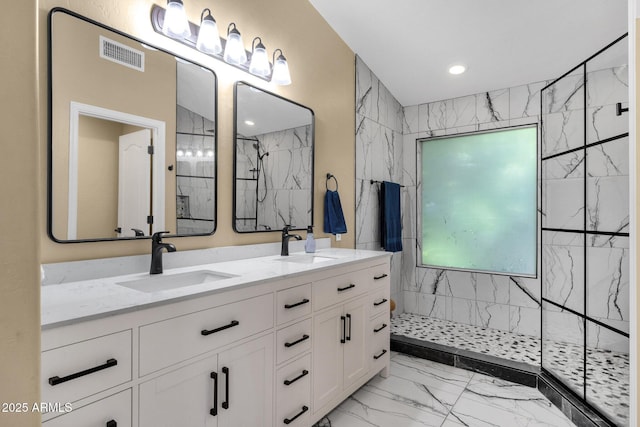 508 W San Angelo St, Gilbert, AZ 85233 - full bath featuring marble finish floors, double vanity, a marble finish shower, and recessed lighting