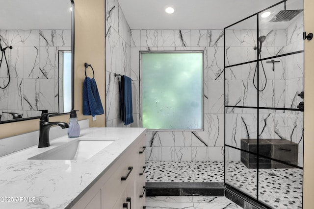 508 W San Angelo St, Gilbert, AZ 85233 - full bathroom featuring marble finish floors, vanity, a marble finish shower, and recessed lighting