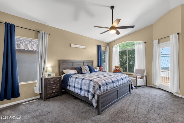 508 W San Angelo St, Gilbert, AZ 85233 - carpeted bedroom featuring lofted ceiling, baseboards, access to exterior, and ceiling fan