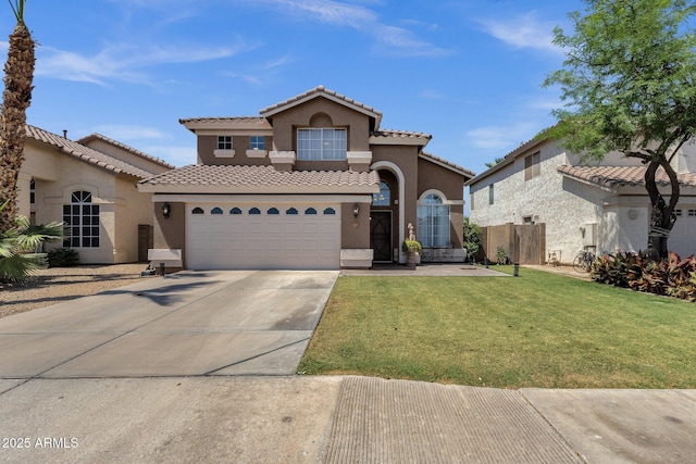 508 W San Angelo St, Gilbert, AZ 85233 - mediterranean / spanish-style home with stucco siding, concrete driveway, a tile roof, and an attached garage