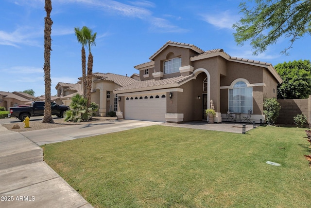 508 W San Angelo St, Gilbert, AZ 85233 - mediterranean / spanish-style home with stucco siding, concrete driveway, a tile roof, and an attached garage