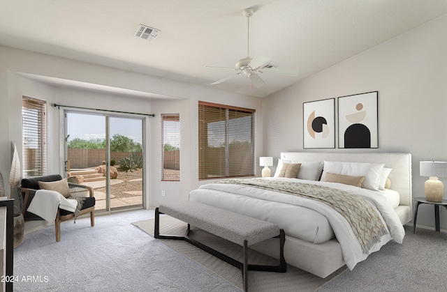 bedroom with visible vents, a ceiling fan, light colored carpet, access to outside, and vaulted ceiling