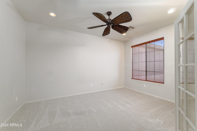 spare room with visible vents, baseboards, ceiling fan, carpet floors, and recessed lighting