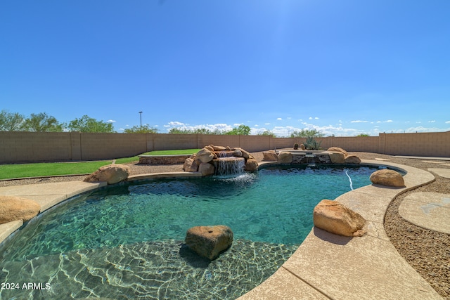 view of swimming pool featuring a fenced backyard and a fenced in pool