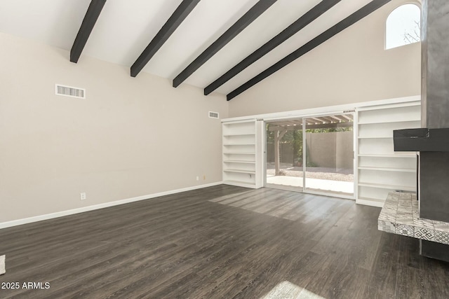 unfurnished living room with beamed ceiling, dark wood-type flooring, and high vaulted ceiling