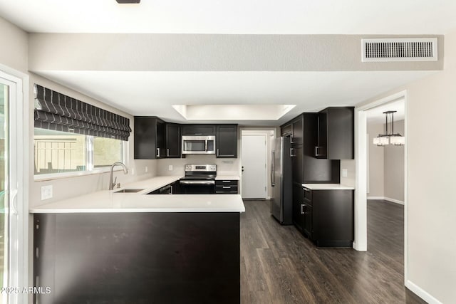 kitchen with sink, appliances with stainless steel finishes, hanging light fixtures, dark hardwood / wood-style floors, and kitchen peninsula