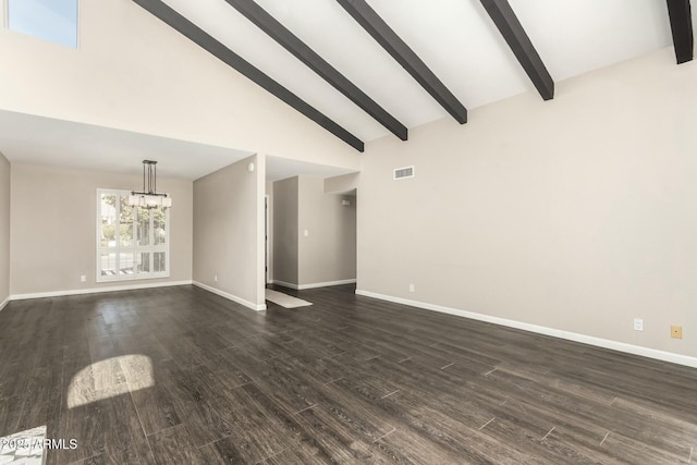 unfurnished living room with beam ceiling, high vaulted ceiling, dark wood-type flooring, and a chandelier