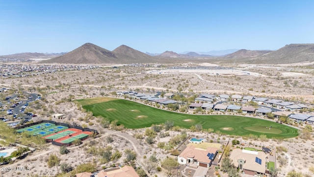 aerial view featuring a mountain view and golf course view