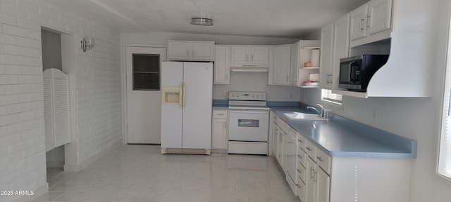 kitchen featuring white appliances, under cabinet range hood, white cabinetry, open shelves, and a sink