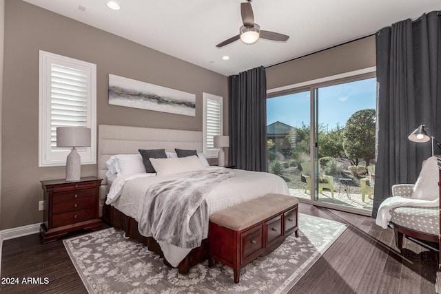 bedroom featuring multiple windows, ceiling fan, dark wood-type flooring, and access to exterior