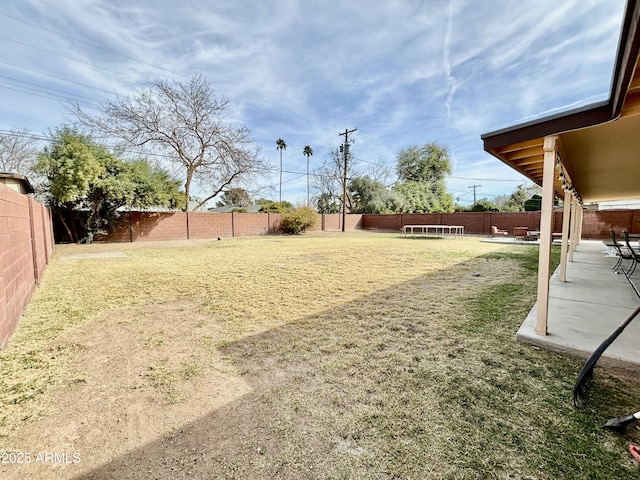 view of yard featuring a fenced backyard and a patio