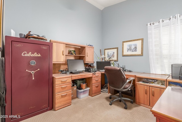 office area featuring light carpet