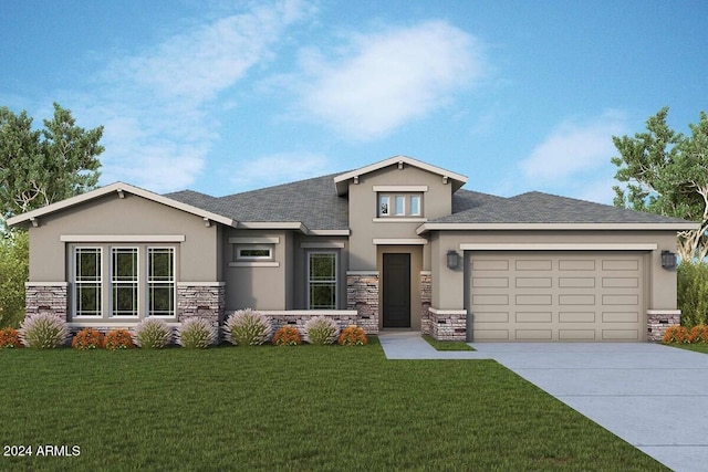 view of front facade featuring a front yard, driveway, an attached garage, stucco siding, and stone siding