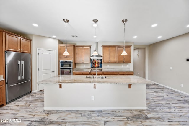 1344 N Claiborne, Mesa, AZ 85205 - kitchen with appliances with stainless steel finishes, wall chimney range hood, recessed lighting, light stone countertops, and a sink
