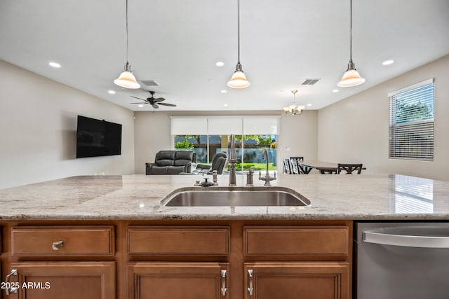 1344 N Claiborne, Mesa, AZ 85205 - kitchen featuring stainless steel dishwasher, a sink, recessed lighting, light stone countertops, and open floor plan
