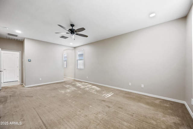 1344 N Claiborne, Mesa, AZ 85205 - spare room featuring ceiling fan, baseboards, light colored carpet, and recessed lighting