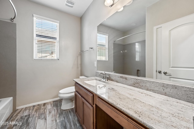 1344 N Claiborne, Mesa, AZ 85205 - bathroom with toilet, vanity, baseboards, and shower / washtub combination