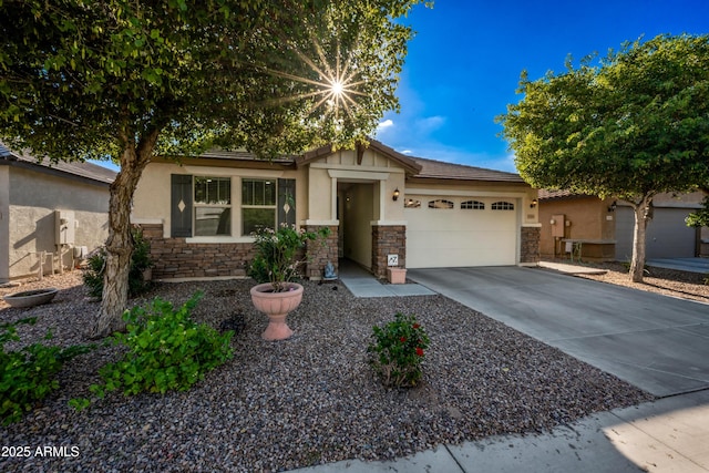 1344 N Claiborne, Mesa, AZ 85205 - ranch-style home featuring an attached garage, stucco siding, concrete driveway, and stone siding