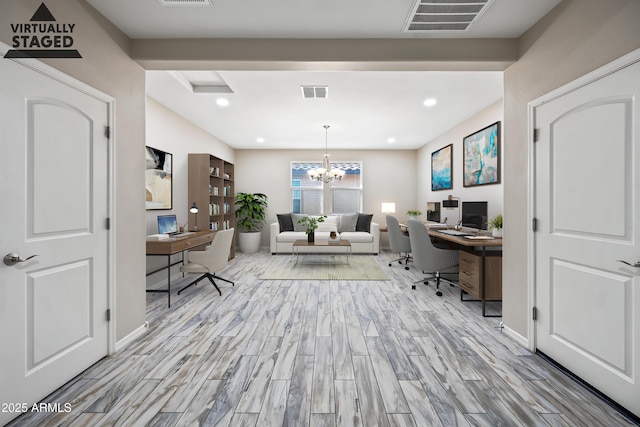 1344 N Claiborne, Mesa, AZ 85205 - office area featuring wood finished floors, a chandelier, and baseboards