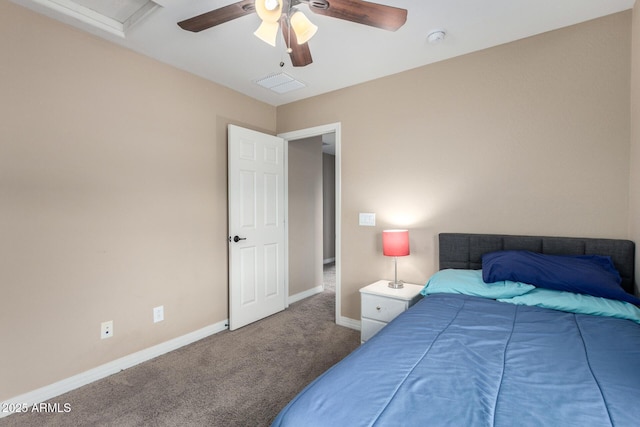 bedroom with a ceiling fan, carpet flooring, baseboards, and visible vents