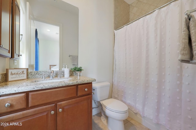 full bathroom with toilet, shower / bath combination with curtain, vanity, and tile patterned floors