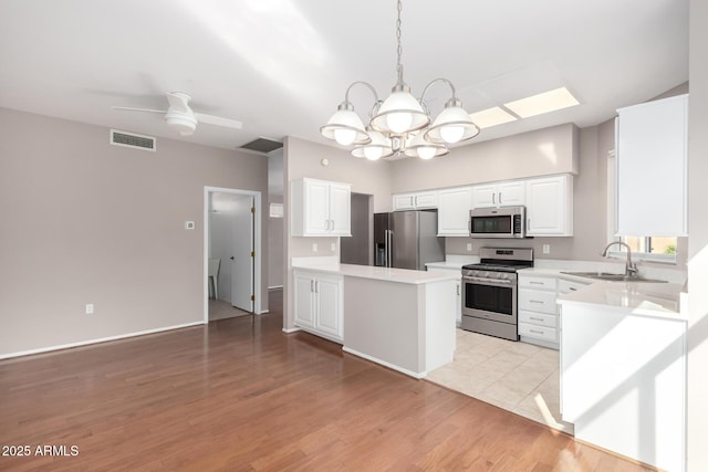 kitchen featuring sink, decorative light fixtures, kitchen peninsula, stainless steel appliances, and white cabinets