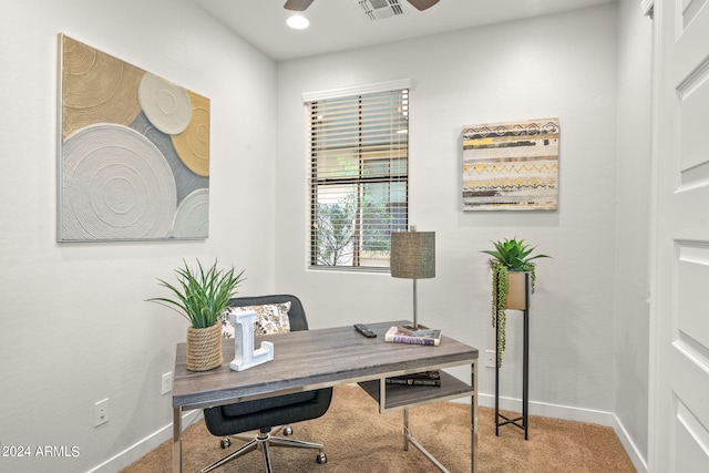 office featuring carpet and ceiling fan