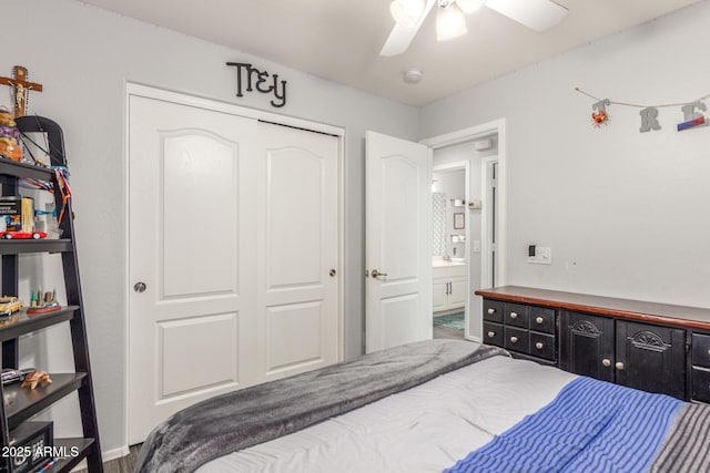 bedroom with a ceiling fan and a closet