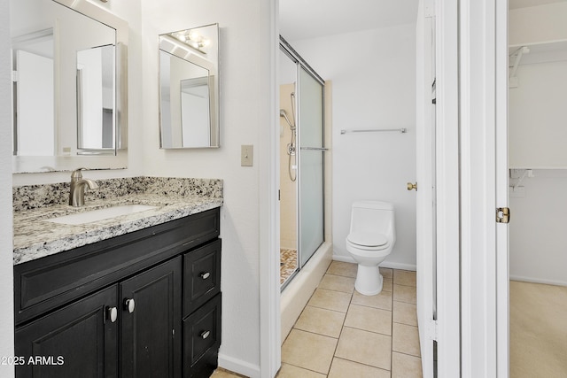 1334 S Glenview Cir, Mesa, AZ 85204 - full bathroom featuring a shower stall, vanity, toilet, tile patterned flooring, and a walk in closet